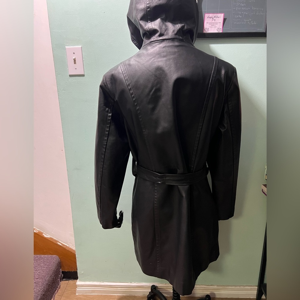 BAGATELLE Vintage Black Leather Hooded Trench Coat sz M - Picture 5 of 16
